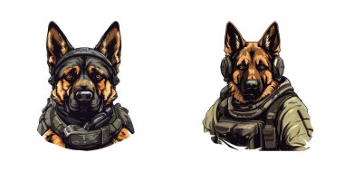 Askeri teçhizatlı iki Alman çoban köpeğinin vektör çizimi güç ve sadakati vurguluyor..
