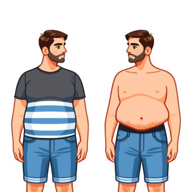 Karikatür çizimleri, tişörtlü ve gömleksiz bir adamın vücut çeşitliliğini ve kabulünü vurguluyor..