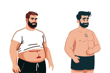 Vücut dönüşümünü gösteren sakallı bir adamın karikatür çizimi. Kilo fazlalığından uyuma, sağlık ve uygunluğu teşvik etme..