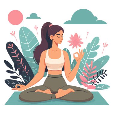 Bitkiler ve çiçeklerle çevrili, meditasyon yapan bir kadının vektör çizimi.