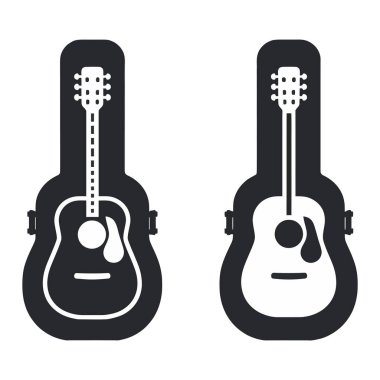 Sert bir çantaya yerleştirilmiş akustik gitarın vektör çizimi, hem gitarın hem de çantanın ayrıntılı taslakları..