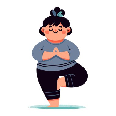 Yoga ağacı pozundaki kıvrımlı bir kadının vektör çizimi, denge ve iç huzura odaklanmış, minimalist bir tarzda hazırlanmış..