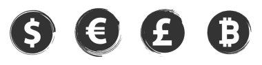 Dairesel fırça darbelerinin içinde finansal kavramları temsil eden para birimi simgeleri (dolar, avro, pound, bitcoin) dizisi. Vektör illüstrasyonu.