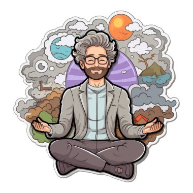 Huzurlu bir adamın, doğa ve kozmik elementlerle çevrili sakin bir ifadeyle çapraz bacaklı bir pozisyonda meditasyon yapmasının vektör çizimi. Üretici yapay zeka.