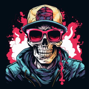 Vibrant vector art of a skeleton wearing colorful sunglasses and cap, with bold colors and a street style flair. Generative AI. clipart