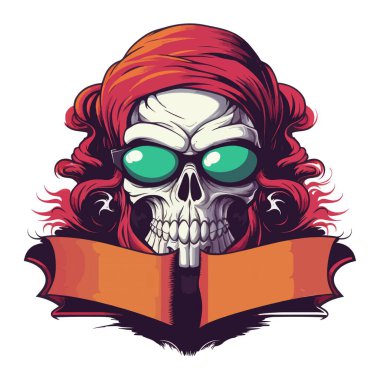 Vector illustration of a skeleton with a red headscarf, green sunglasses, and flowing hair, creating a vibrant retro look. Generative AI. clipart