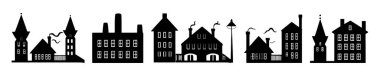 Row of stylized urban houses and buildings with chimneys and flags, forming a townscape silhouette. Generative AI. clipart