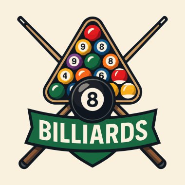 İşaret ve toplarla dolu renkli bilardo logosu. Vektör illüstrasyonu