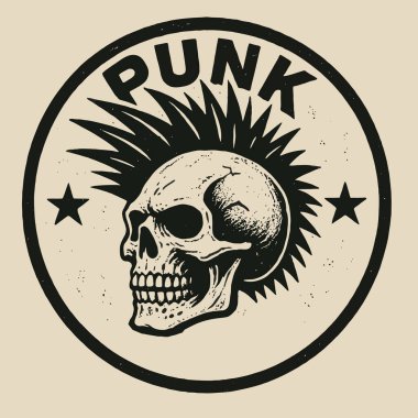 Dikenli kafatası ve cesur punk tarzı amblemli yıldızlar.