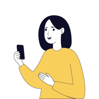 Akıllı telefon tutan ve sarı kıyafetli gülümseyen kadın.