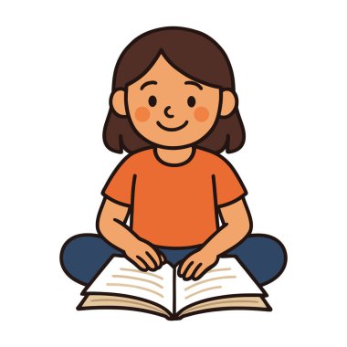 Ayakları çapraz otururken açık bir kitap okuyan gülümseyen kız.