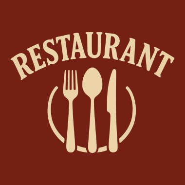 Çatal, kaşık, kırmızı arka planda bıçak olan restoran logosu.