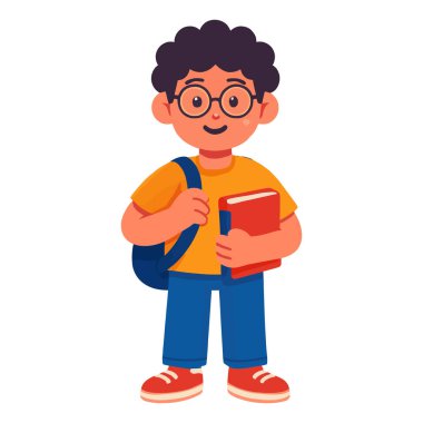 Elinde kitap tutan gülümseyen çocuğun vektör çizimi
