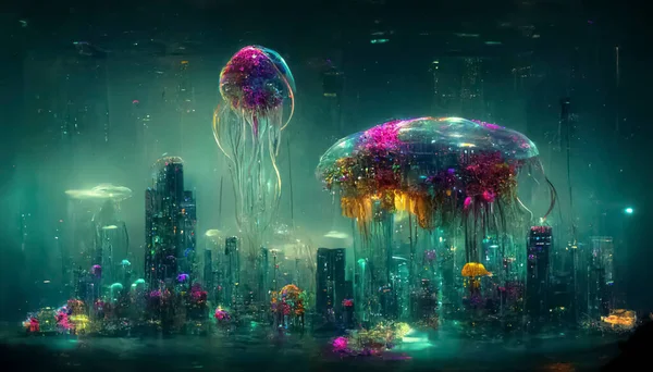 jellyfish in underwater city.