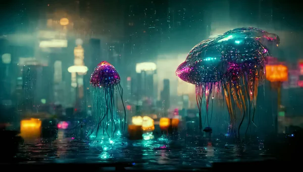 jellyfish in underwater city.