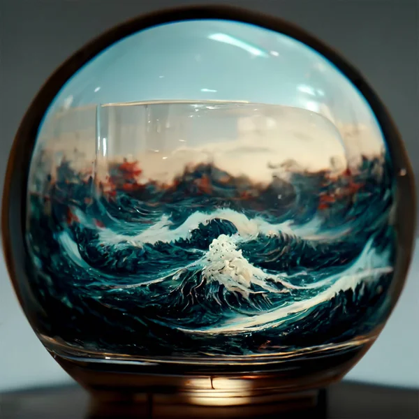 The depiction of the ocean waves in a ball-shaped glass that looks very real and beautiful.