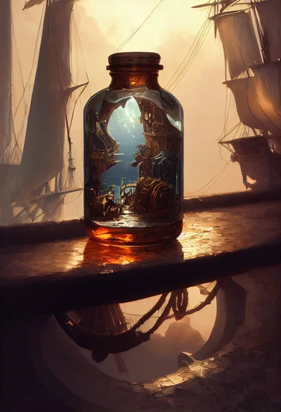 Miniature ship at sea in a bottle, very unique to be used as a display in the room.