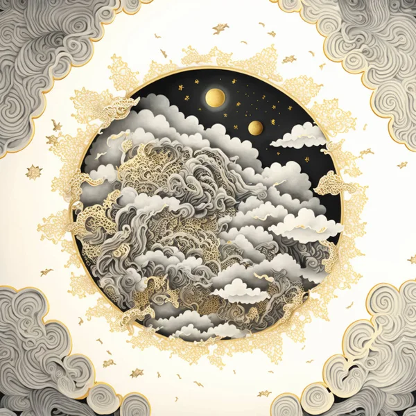 carving with the theme of circles, clouds and waves in gold and white.