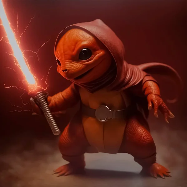 The lizard character in the cartoon carries a laser sword.