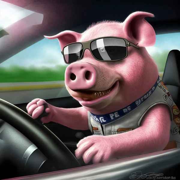 character pig driving a car