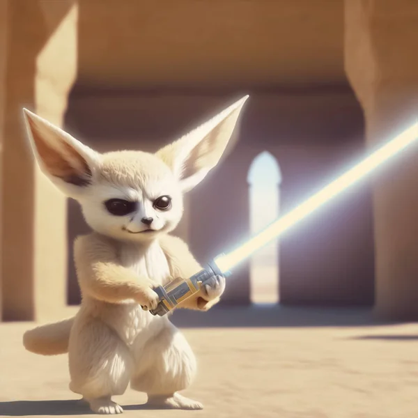 the cartoon rabbit character carries a laser sword.