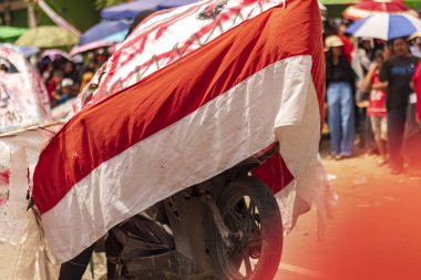 Doğu Kalimantan, Endonezya 24 Ağustos 2023: Reog, wayang, çizgi film karakterleri, kahramanlar, hayaletler, danslar, geleneksel / kabile kıyafetleri ve Tenggarong Seberang 'daki diğer çeşitli gösterilerle canlandırılan karnaval.