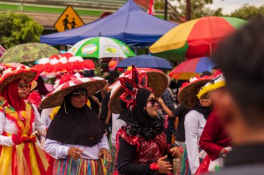 Doğu Kalimantan, Endonezya 24 Ağustos 2023: Reog, wayang, çizgi film karakterleri, kahramanlar, hayaletler, danslar, geleneksel / kabile kıyafetleri ve Tenggarong Seberang 'daki diğer çeşitli gösterilerle canlandırılan karnaval.