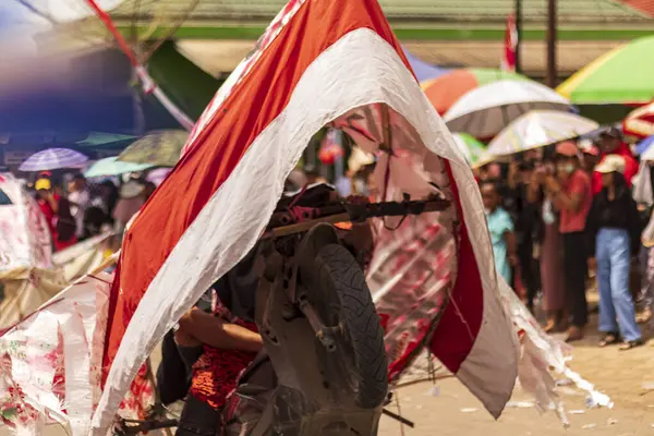 Doğu Kalimantan, Endonezya 24 Ağustos 2023: Reog, wayang, çizgi film karakterleri, kahramanlar, hayaletler, danslar, geleneksel / kabile kıyafetleri ve Tenggarong Seberang 'daki diğer çeşitli gösterilerle canlandırılan karnaval.