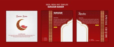 Set of social media post template in square background with simple ornament design for Ramadan Kareem. Good template for islamic celebration design.