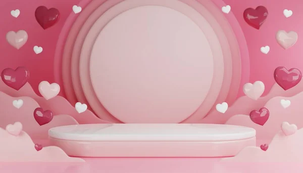 3Dは背景に化粧品製品を表示するためにシリンダーの表彰台と愛と心の製品のためのピンクの表彰台のディスプレイとバレンタインデーをレンダリングします — ストック写真