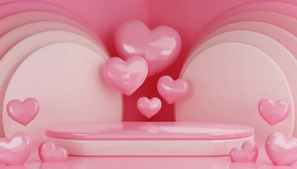 三维渲染情人节与粉红讲台展示的产品在爱情和心灵与圆筒讲台的立场显示化妆品的背景 — 图库照片