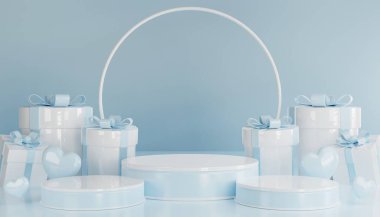 Noel Baba ve Noel ağacı, hediye kutuları, kurdele, ürün, parfüm, tanıtım, sunum, arka plan rengi kozmetik. .