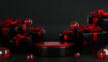 Arkaplanda kozmetik kozmetik kozmetik kozmetik kozmetik kozmetik çantalarını sergilemek için klasik podyum tarzı için Roma sütunlu 3D siyah cuma klasik podyumu..