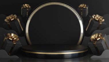 Arkaplanda kozmetik kozmetik kozmetik kozmetik kozmetik kozmetik çantalarını sergilemek için klasik podyum tarzı için Roma sütunlu 3D siyah cuma klasik podyumu..