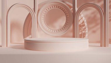 Ürün arka plan podyumu için Roma sütunlu 3d lüks podyum arka planda kozmetik podructlar görüntüleme kutusu için klasik stil.