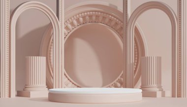 Ürün arka plan podyumu için Roma sütunlu 3d lüks podyum arka planda kozmetik podructlar görüntüleme kutusu için klasik stil.