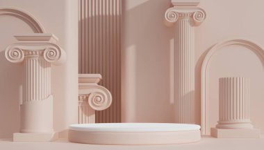 Ürün arka plan podyumu için Roma sütunlu 3d lüks podyum arka planda kozmetik podructlar görüntüleme kutusu için klasik stil.
