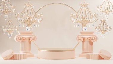 Roma sütunlu 3D lüks podyum ve ürün arka planı için avize kristali koyu yeşil arka planda kozmetik ürünlerin sergilendiği klasik podyum.