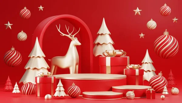 Podio Cilindro Renderizado Navidad Santa Claus Árbol Navidad Cajas Regalo — Foto de Stock