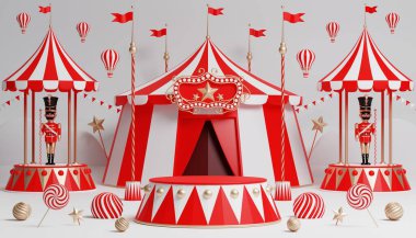 3D Karnaval podyumu. Sirk çadırı, 3 boyutlu illüstrasyon.