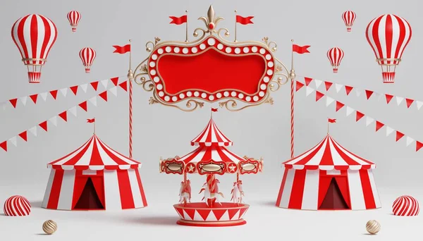 3d Carnival podium with many rides and shops circus tent 3d illustration