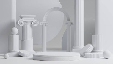 3D lüks podyum. Ürün arka planı için Roma sütunlu. Marka sunumu için beyaz arkaplan..