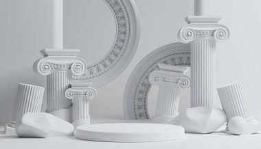 3D lüks podyum. Ürün arka planı için Roma sütunlu. Marka sunumu için beyaz arkaplan..