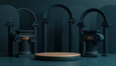 3D lüks podyum. Ürün arka planı için Roma sütunlu. Marka sunumu için beyaz arkaplan..