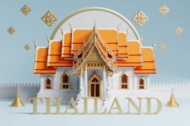 3D Tayland seyahat konsepti. Tayland 'da ziyaret edilecek en güzel yerler. 3 boyutlu illüstrasyon, Tayland mimarisi ve gelenek mirası..