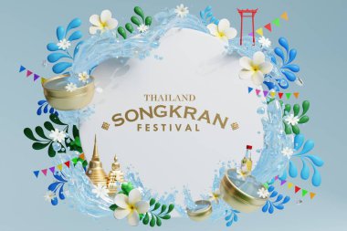 3d Songkran festival background in thailand water festival 3d with with blue water splash,thai architecture. ( Translation thai : Songkran Thailand )
