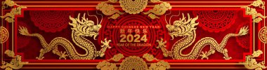 Mutlu Çin Yeni Yılı 2024 Çiçekli, fenerli ejderha burcu, Asyalı elementler altın kaplama kesim tarzı arka plan. çeviri: mutlu yıllar ejderhanın 2024 yılı 