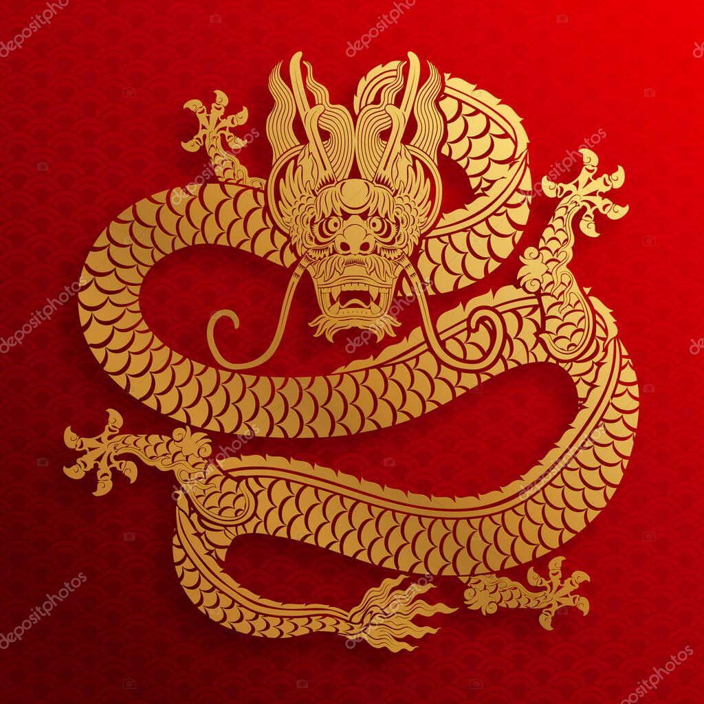 Happy chinese new year 2024 the dragon zodiac sign with flower,lantern,asian elements gold paper cut style on color background. ( Translation : happy new year 2024 year of the dragon