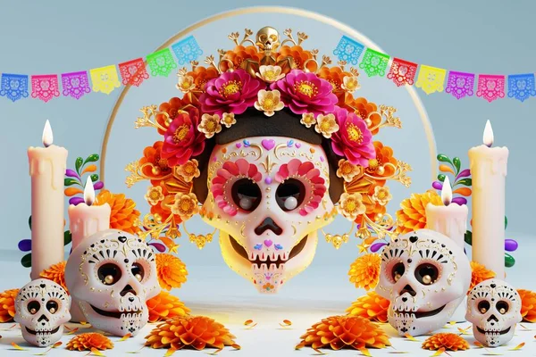 死者の日のための3Dレンダリング ムエルトス祭壇のコンセプト かわいい砂糖の頭蓋骨 白いろうそく 死者のマリーゴールドの花の組成 3Dイラスト — ストック写真