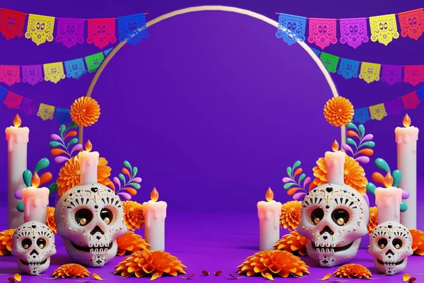 死者の日のための3Dレンダリング ムエルトス祭壇のコンセプト かわいい砂糖の頭蓋骨 白いろうそく 死者のマリーゴールドの花の組成 3Dイラスト — ストック写真